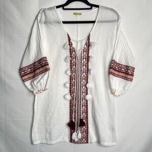 Gianni Bini Embroidered Tunic Boho Peasant Ivory White Res Oversize‎ Medium